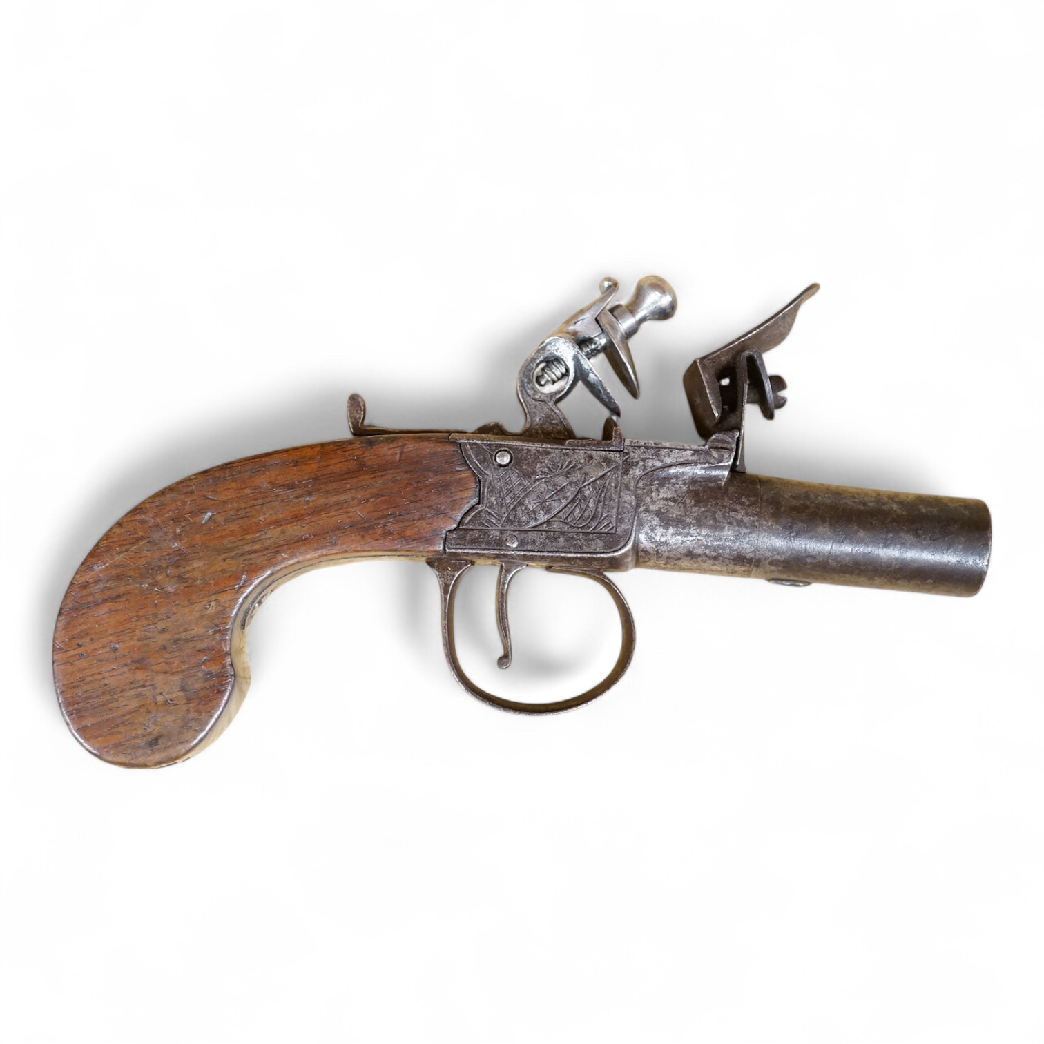 A boxlock flintlock pocket pistol with turn off barrel, Birmingham proved, frame engraved; Salmon and co., sliding safety catch